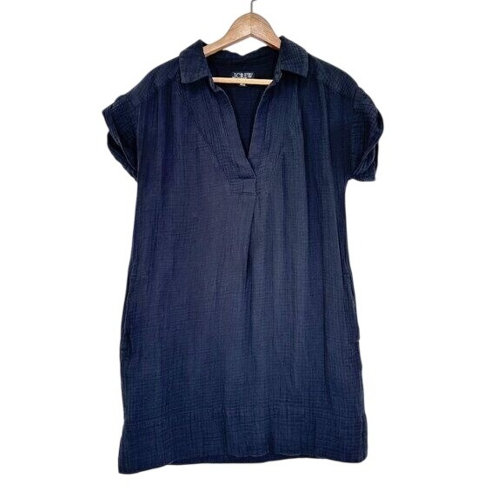 J. Crew Size S Gauzy Brushed Cotton Split V Neck Roll Sleeve Black Mini Dress